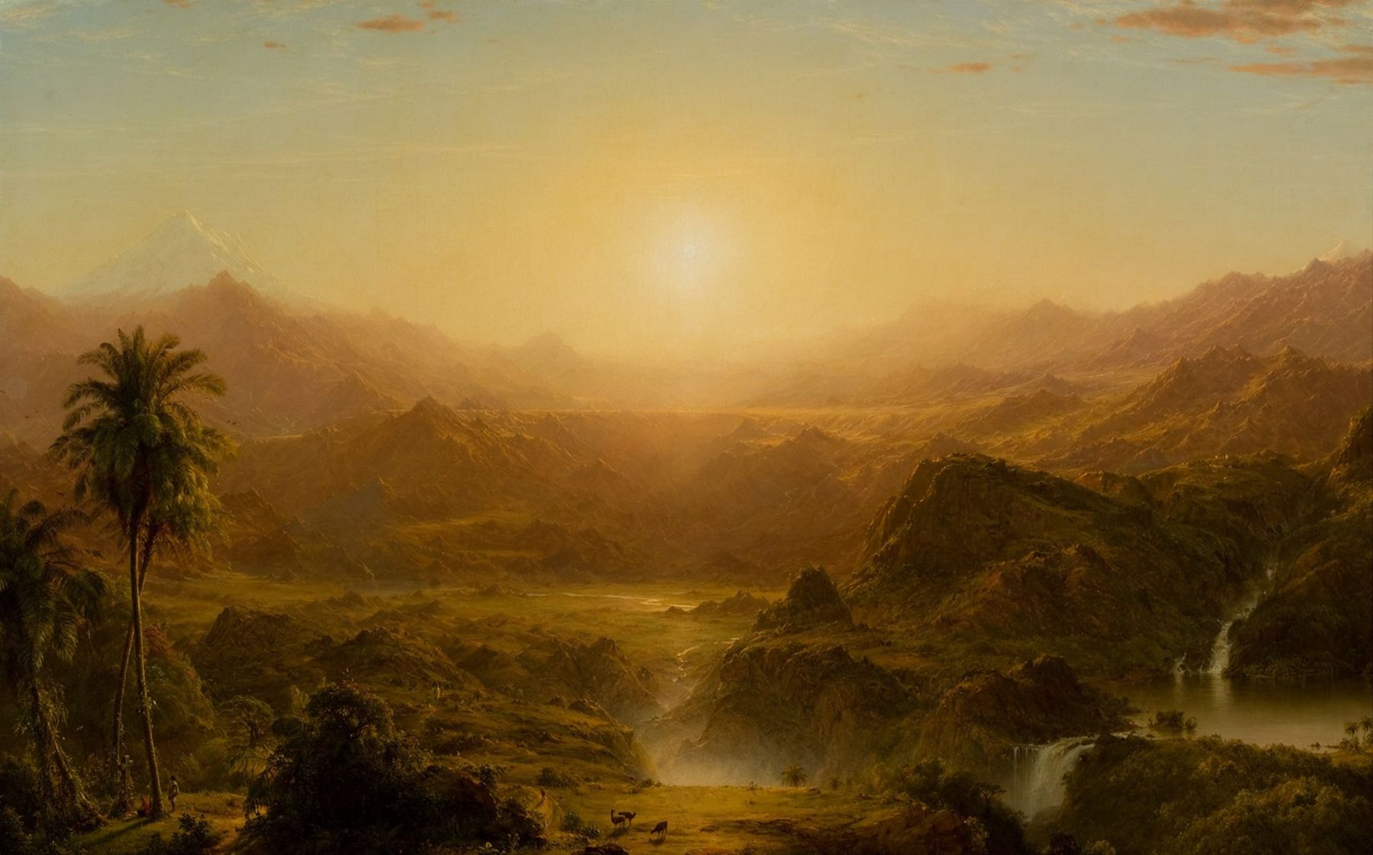 Frederic Edwin Church, The Andes of Ecuador: a hazy sun over a deep valley of rivers and palms.