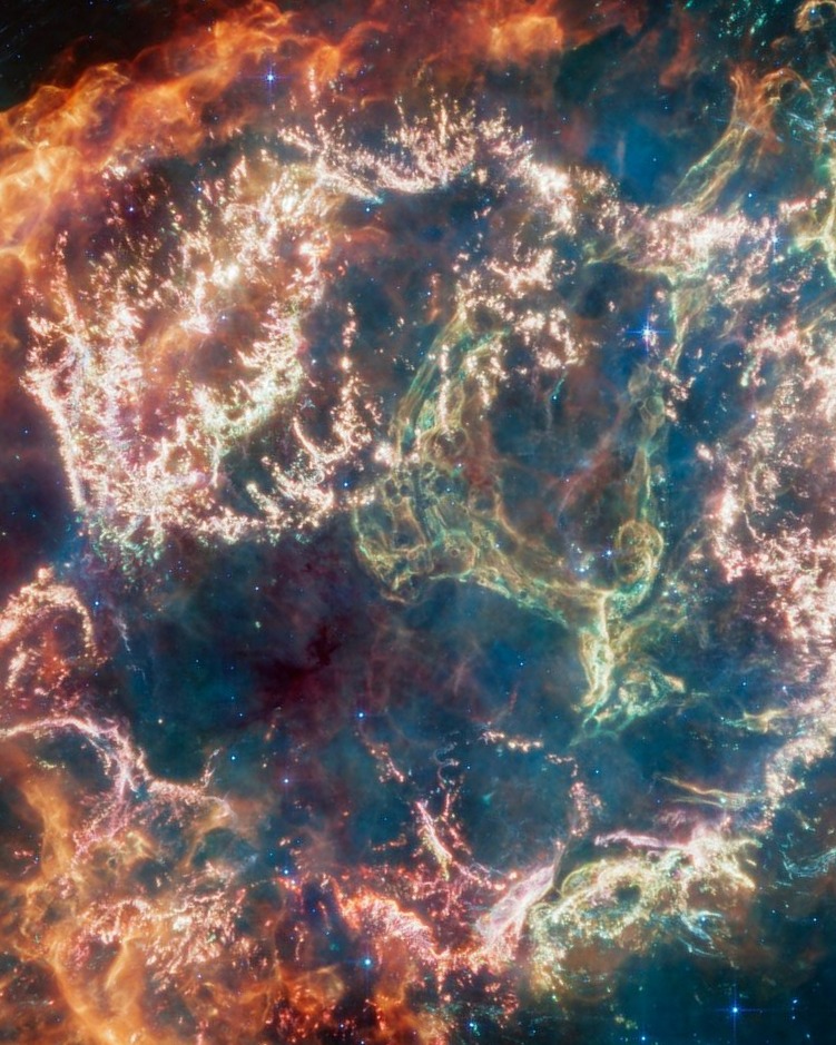 The supernova remnant Cassiopeia A, a ring of glowing filaments.