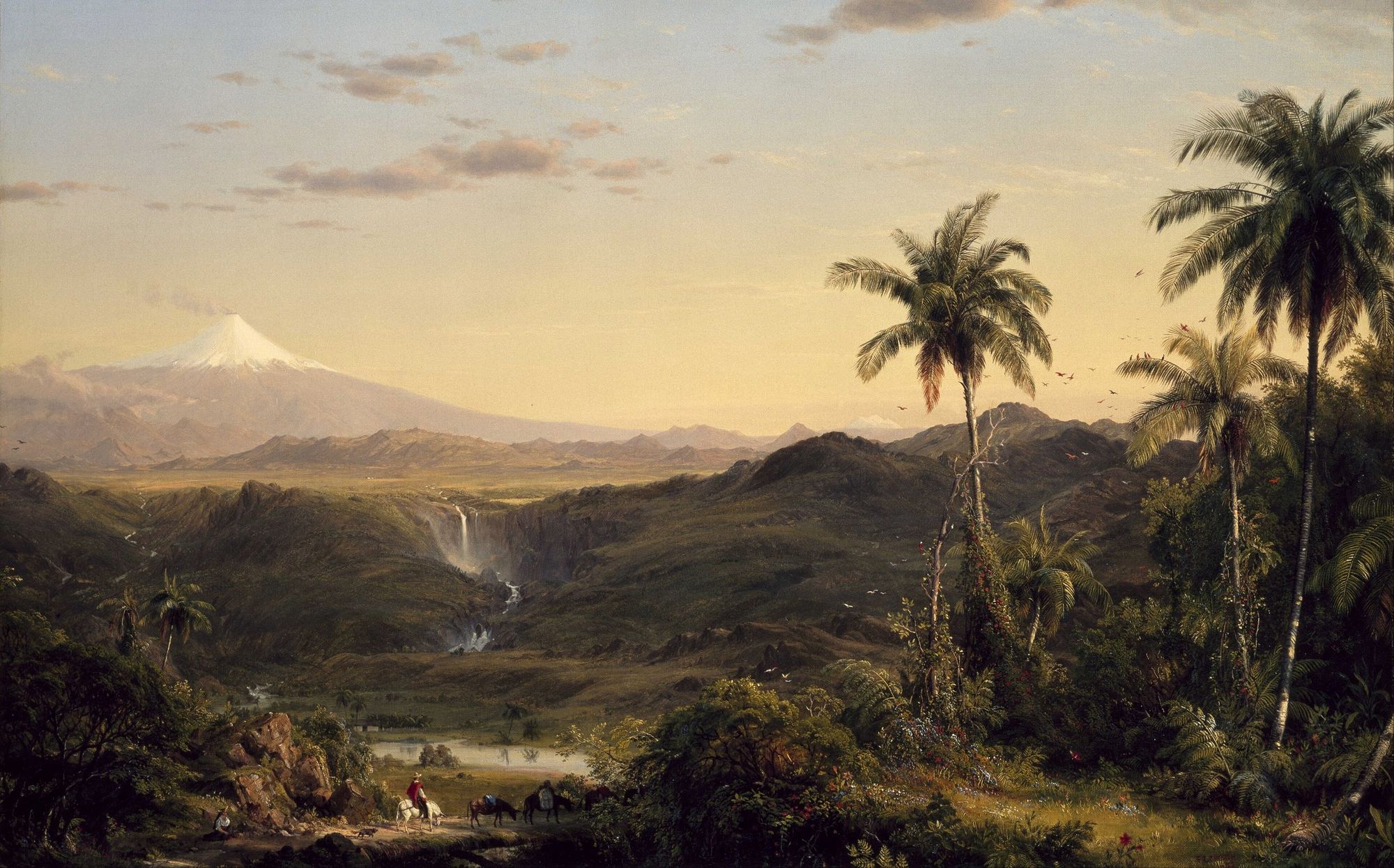 Frederic Edwin Church, Cotopaxi: palms and a waterfall below a snow-capped volcano.
